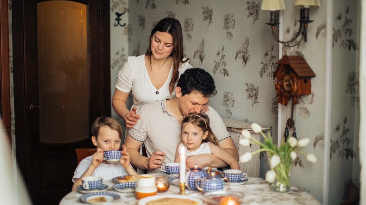 A warm family scene capturing a joyous meal with traditional elements and close bonds.